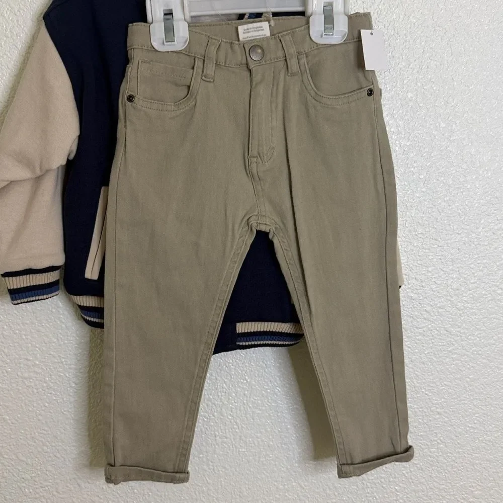 Prince- Navy and Beige Striped Collar Jacket pant set- 2T